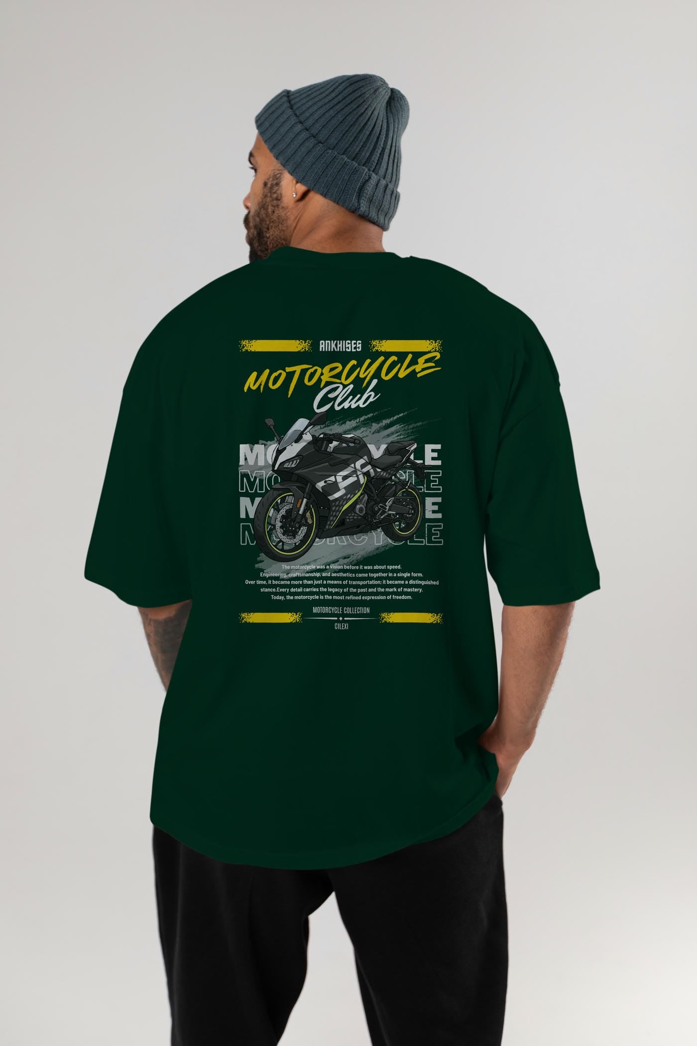 Motosiklet Serisi 16 Arka Baskılı Oversize t-shirt Erkek Kadın %100 Pamuk Bisiklet Yaka tişort