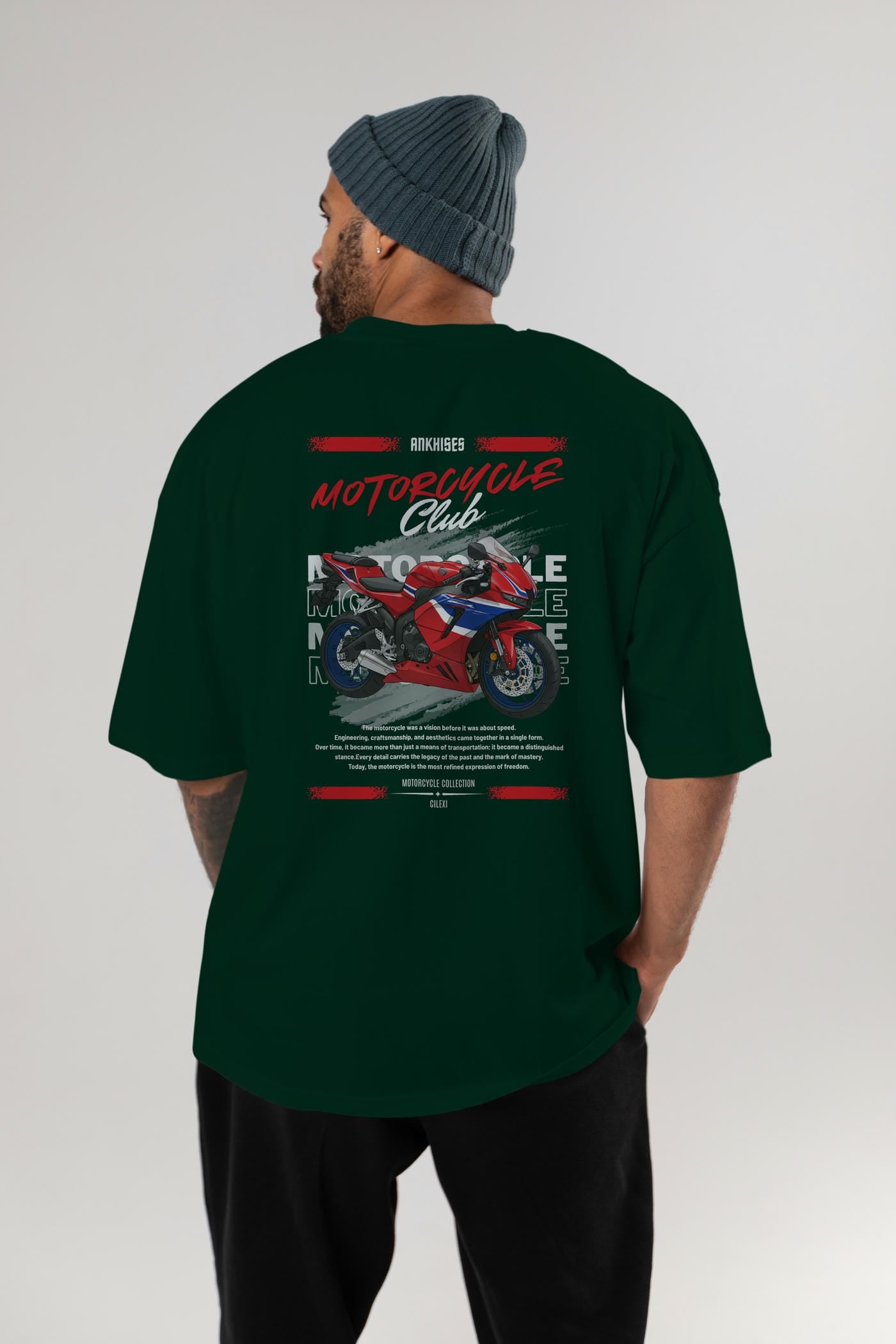 Motosiklet Serisi 24 Arka Baskılı Oversize t-shirt Erkek Kadın %100 Pamuk Bisiklet Yaka tişort