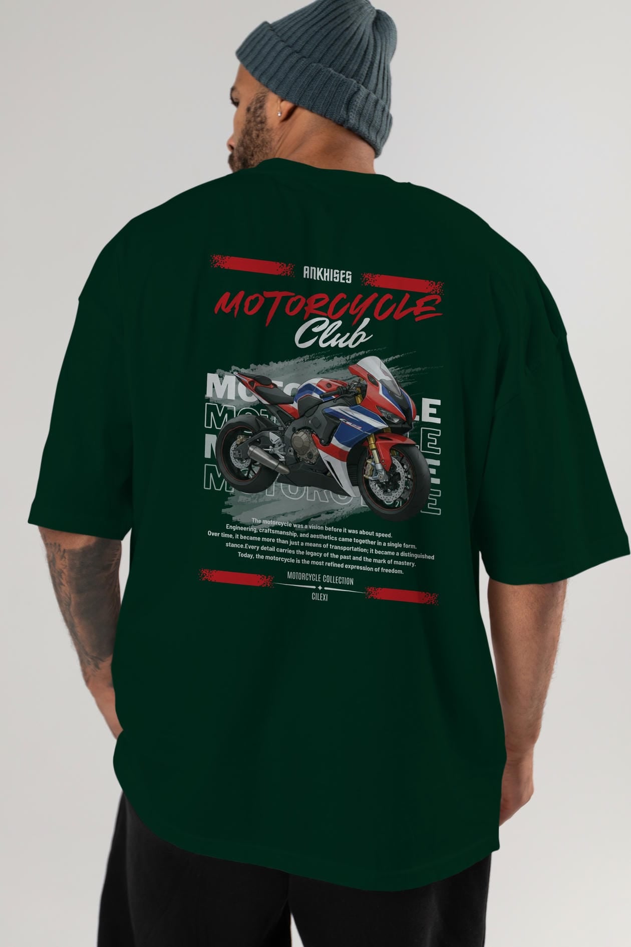 Motosiklet Serisi 3 Arka Baskılı Oversize t-shirt Erkek Kadın %100 Pamuk Bisiklet Yaka tişort