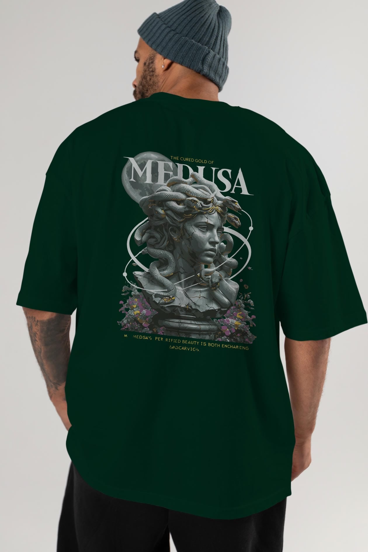 Medusa Arka Baskılı Oversize t-shirt Erkek Kadın %100 Pamuk Bisiklet Yaka tişort