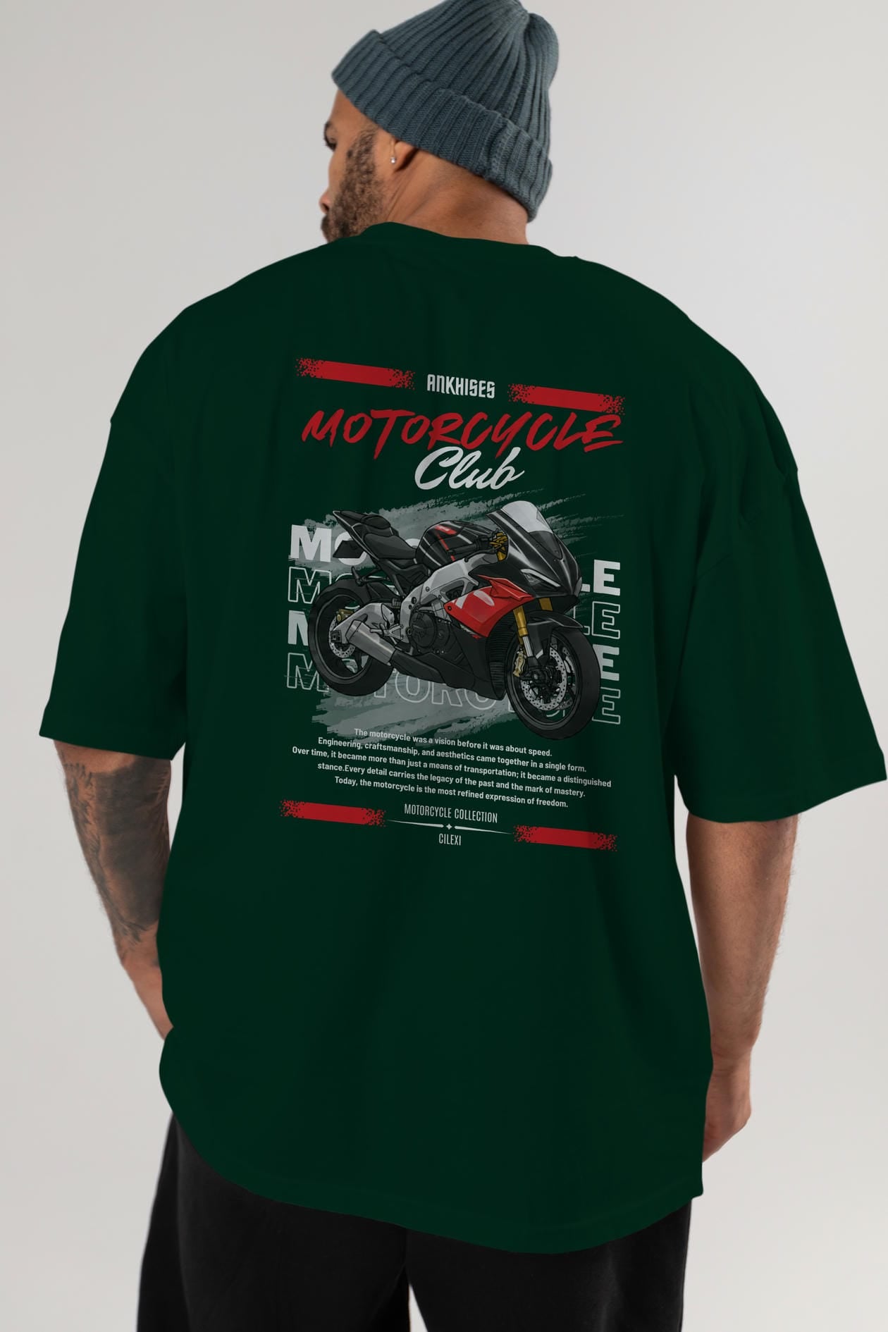 Motosiklet Serisi 8 Arka Baskılı Oversize t-shirt Erkek Kadın %100 Pamuk Bisiklet Yaka tişort