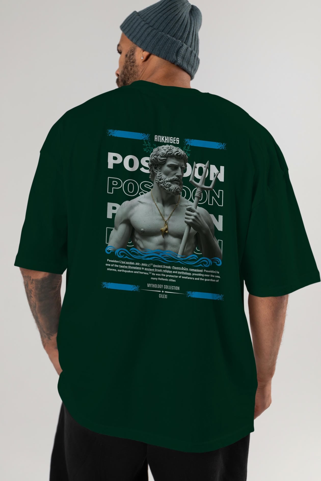Poseidon 3 Arka Baskılı Oversize t-shirt Erkek Kadın %100 Pamuk Bisiklet Yaka tişort