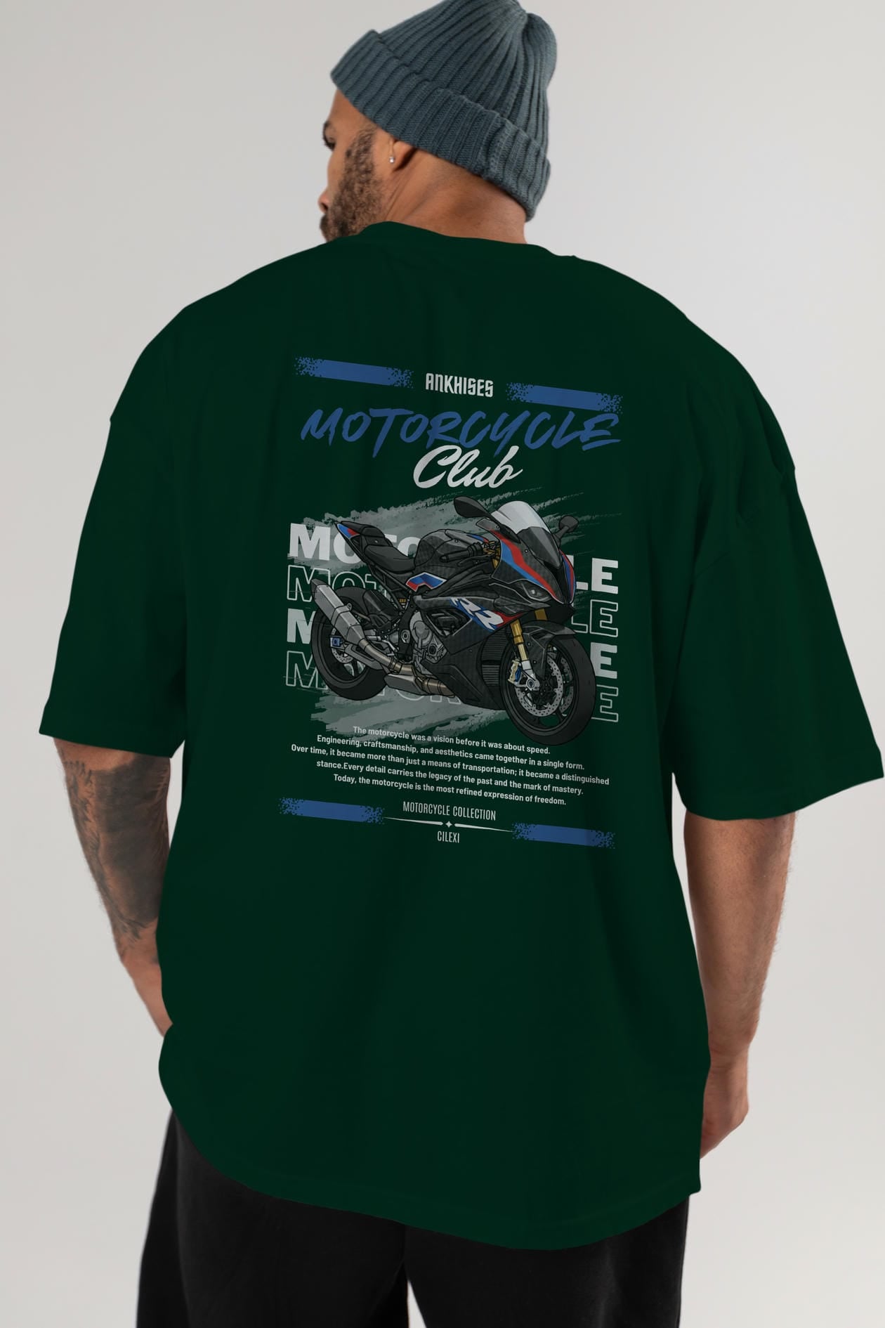 Motosiklet Serisi 2 Arka Baskılı Oversize t-shirt Erkek Kadın %100 Pamuk Bisiklet Yaka tişort