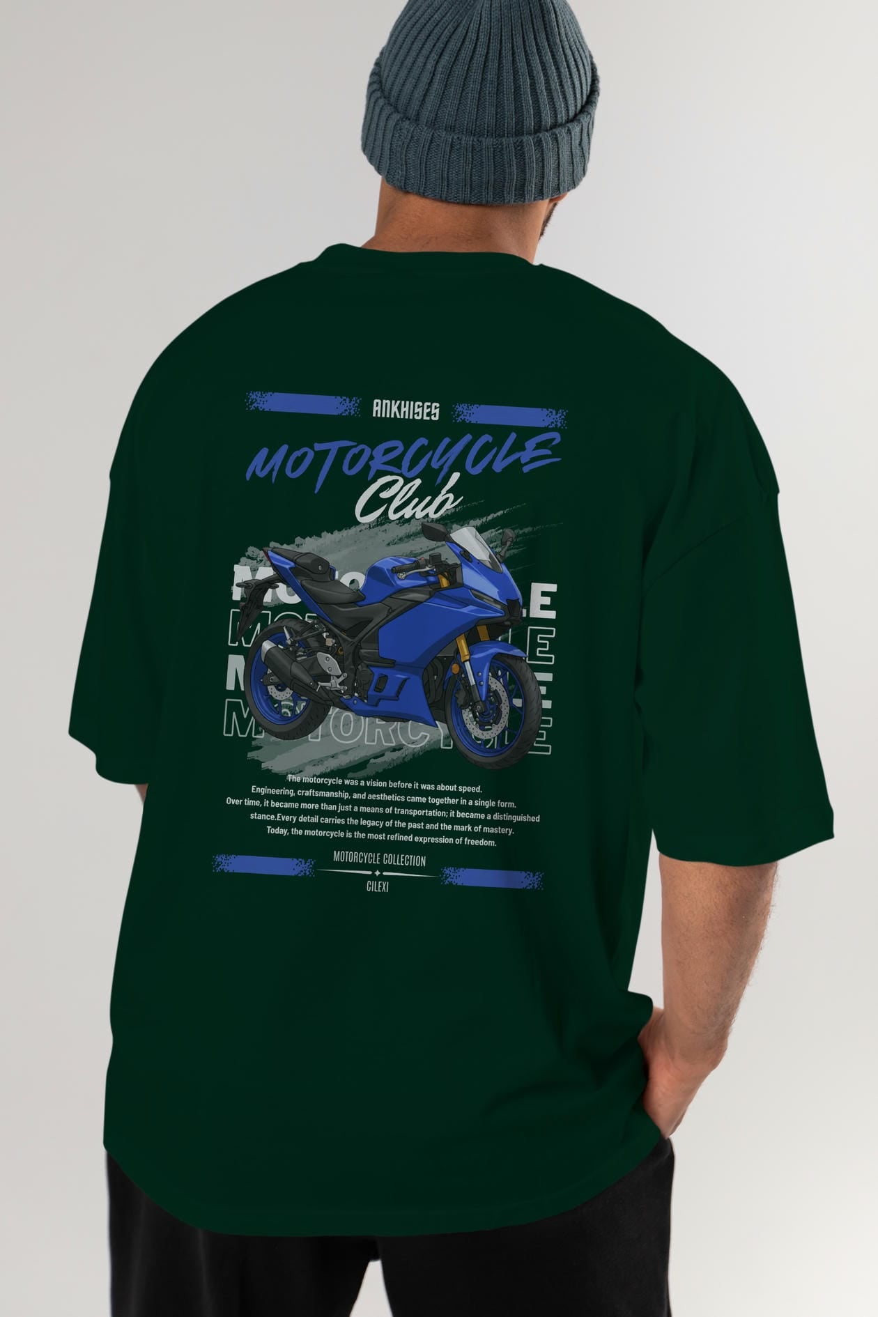 Motosiklet Serisi 33 Arka Baskılı Oversize t-shirt Erkek Kadın %100 Pamuk Bisiklet Yaka tişort