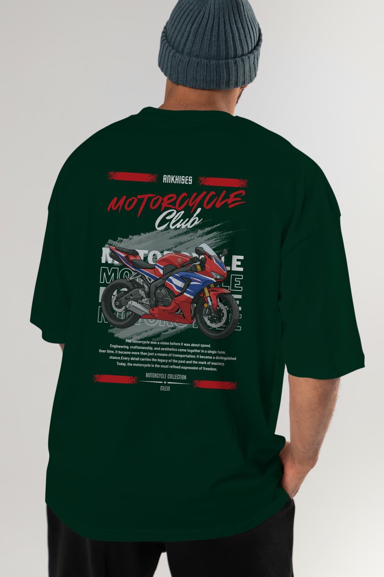 Motosiklet Serisi 25 Arka Baskılı Oversize t-shirt Erkek Kadın %100 Pamuk Bisiklet Yaka tişort