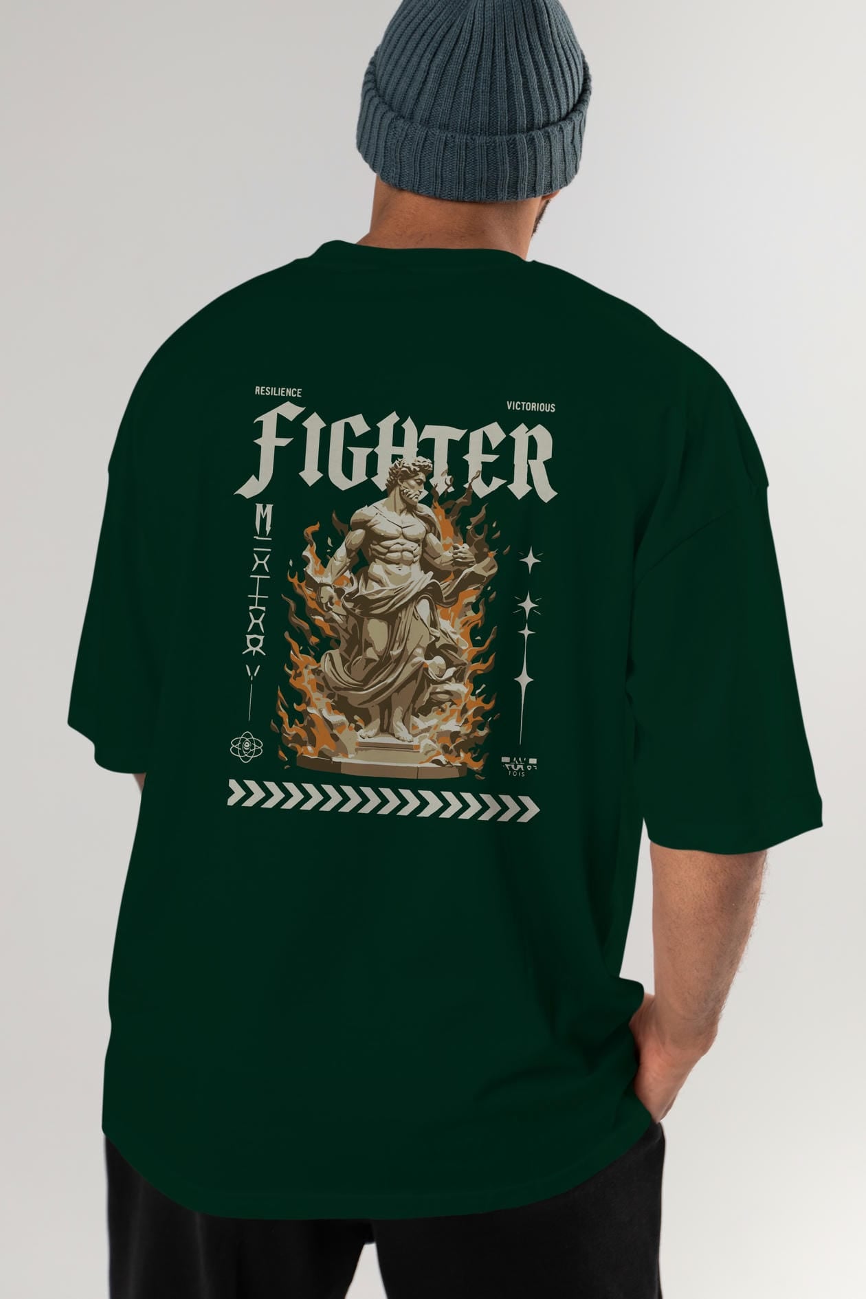 Fighter Arka Baskılı Oversize t-shirt Erkek Kadın %100 Pamuk Bisiklet Yaka tişort