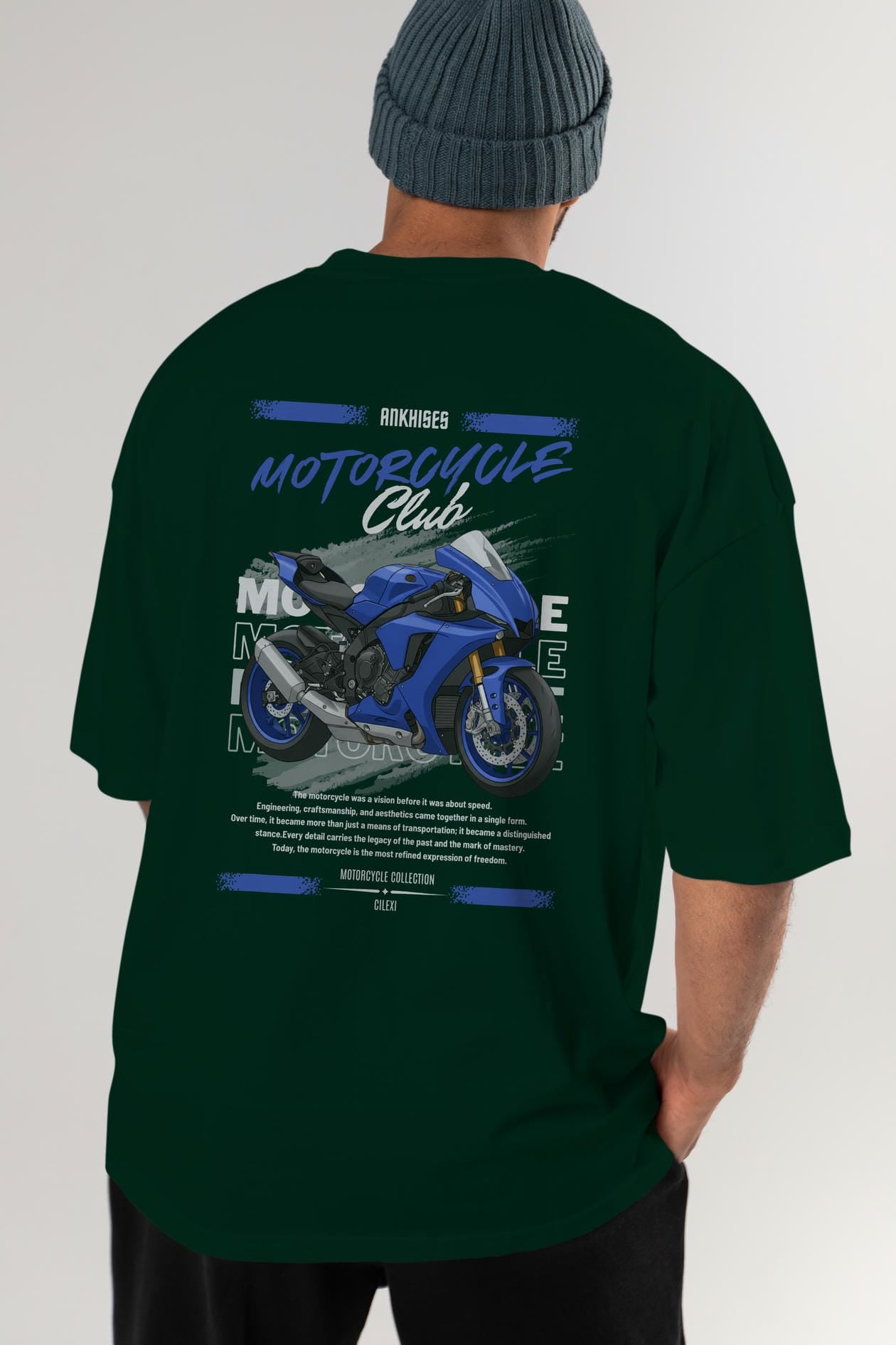 Motosiklet Serisi 31 Arka Baskılı Oversize t-shirt Erkek Kadın %100 Pamuk Bisiklet Yaka tişort
