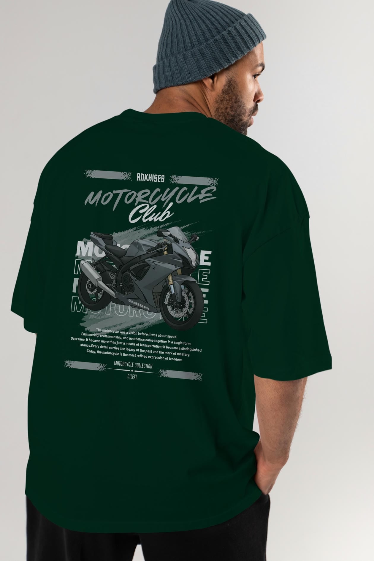 Motosiklet Serisi 10 Arka Baskılı Oversize t-shirt Erkek Kadın %100 Pamuk Bisiklet Yaka tişort