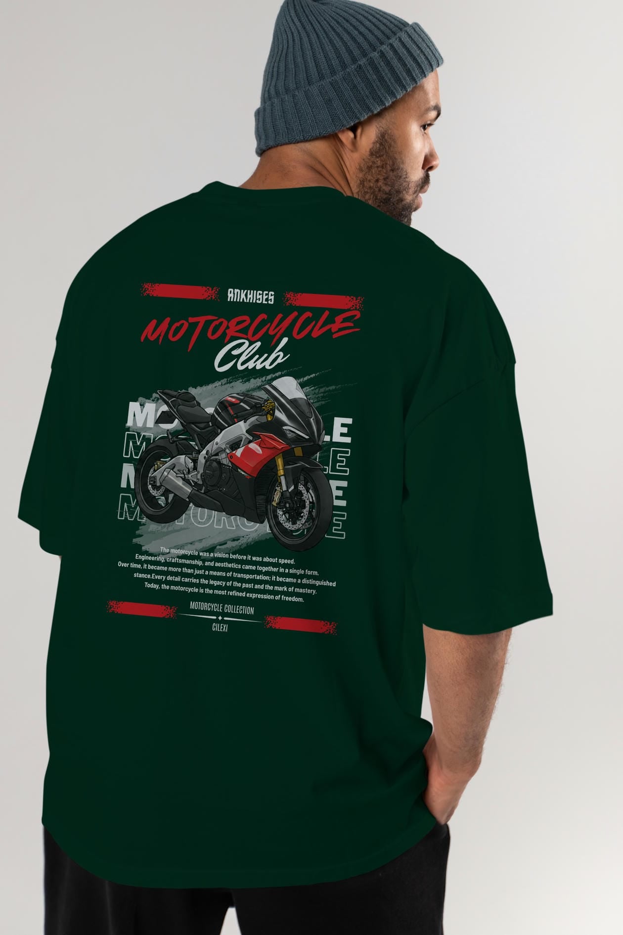 Motosiklet Serisi 8 Arka Baskılı Oversize t-shirt Erkek Kadın %100 Pamuk Bisiklet Yaka tişort