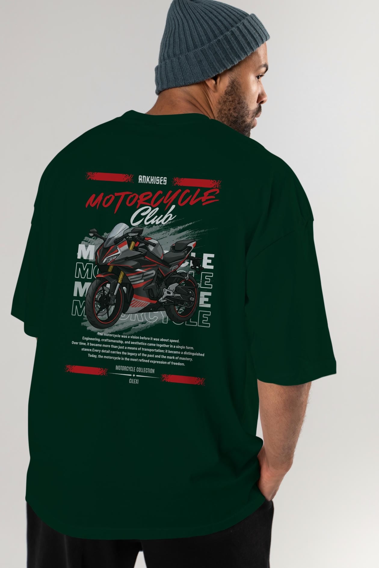 Motosiklet Serisi 17 Arka Baskılı Oversize t-shirt Erkek Kadın %100 Pamuk Bisiklet Yaka tişort