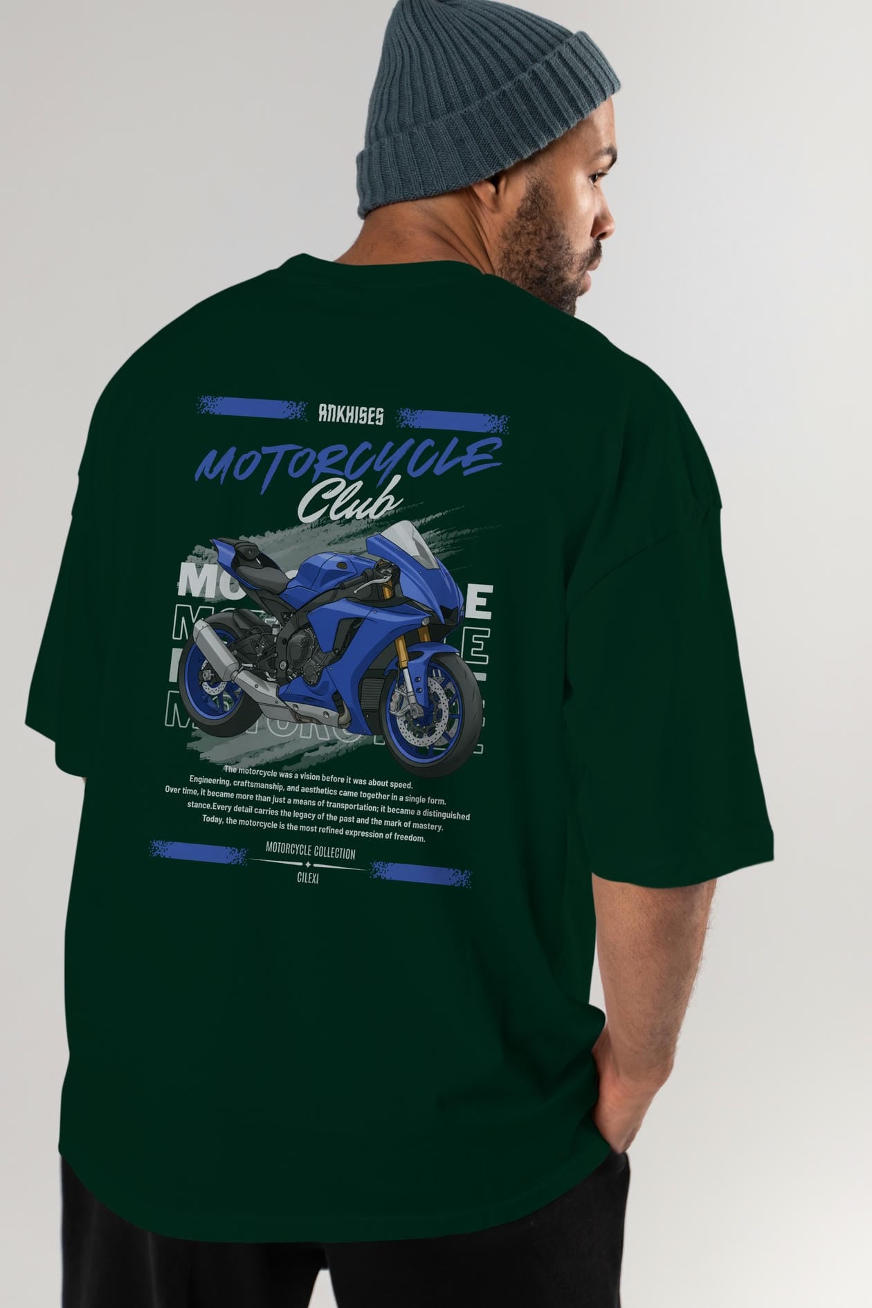Motosiklet Serisi 31 Arka Baskılı Oversize t-shirt Erkek Kadın %100 Pamuk Bisiklet Yaka tişort