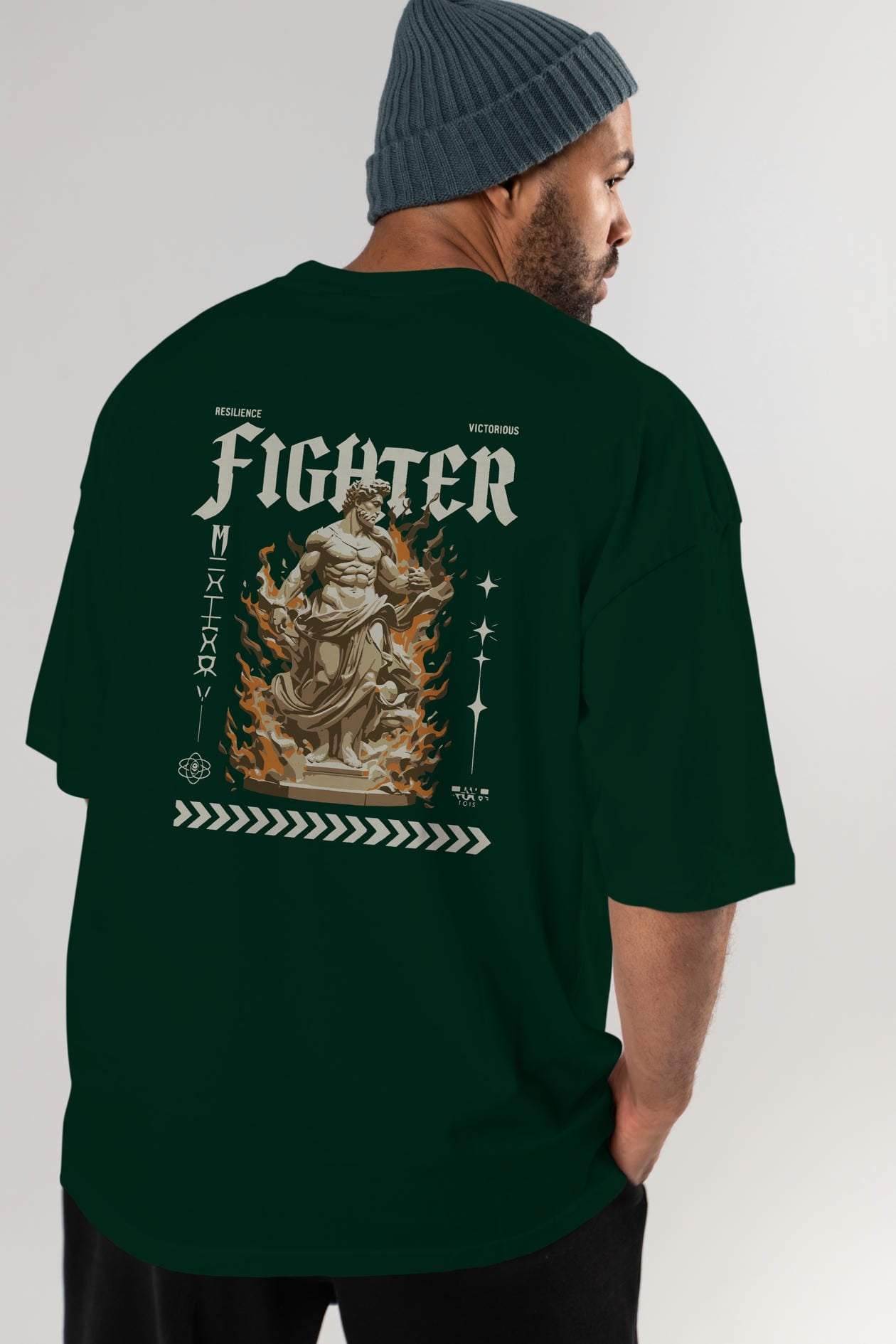 Fighter Arka Baskılı Oversize t-shirt Erkek Kadın %100 Pamuk Bisiklet Yaka tişort