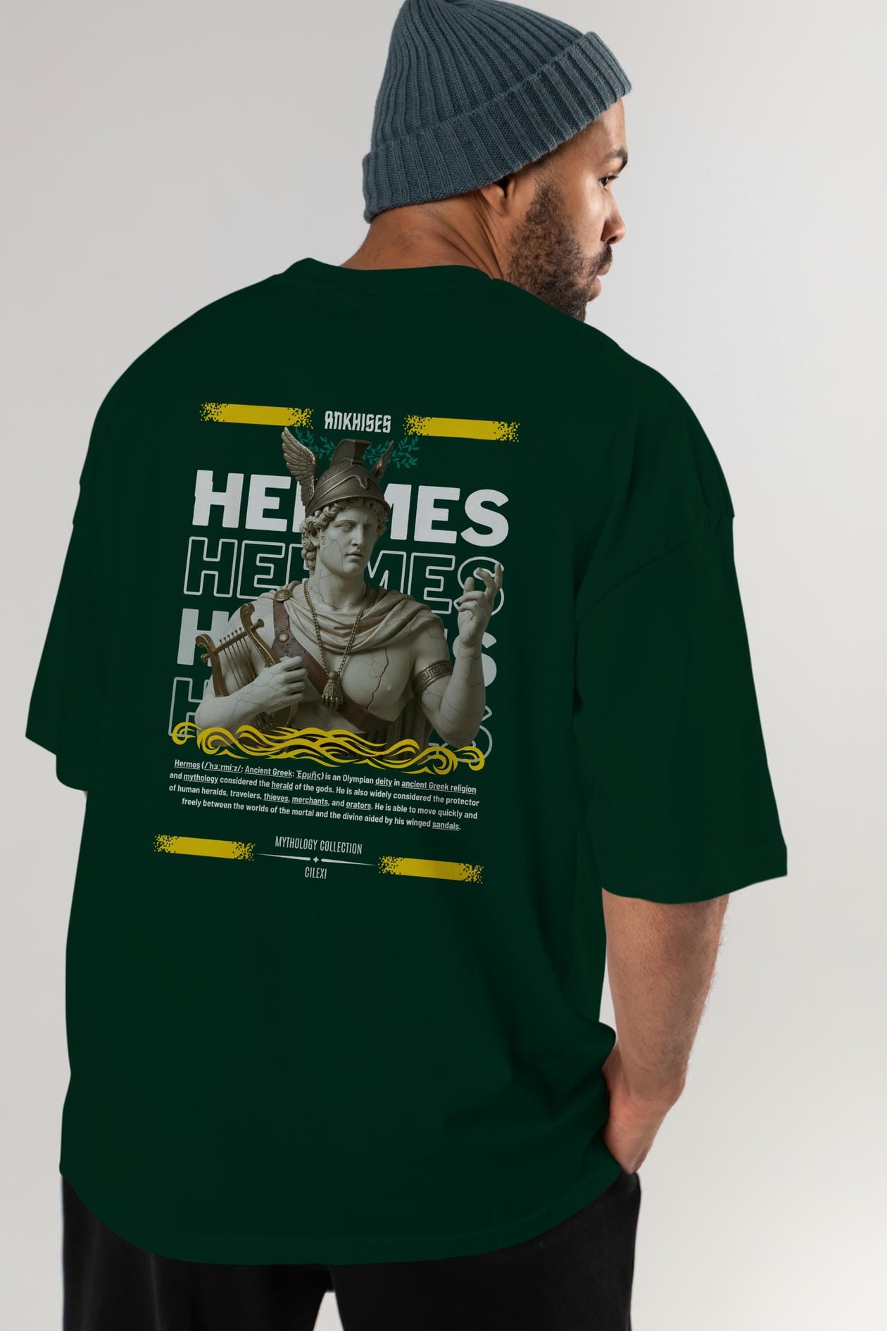 Hermes 2 Arka Baskılı Oversize t-shirt Erkek Kadın %100 Pamuk Bisiklet Yaka tişort