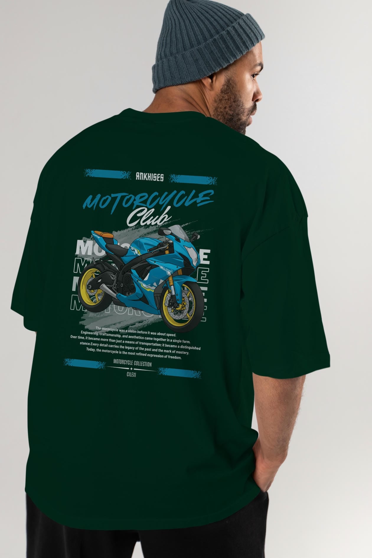 Motosiklet Serisi 11 Arka Baskılı Oversize t-shirt Erkek Kadın %100 Pamuk Bisiklet Yaka tişort