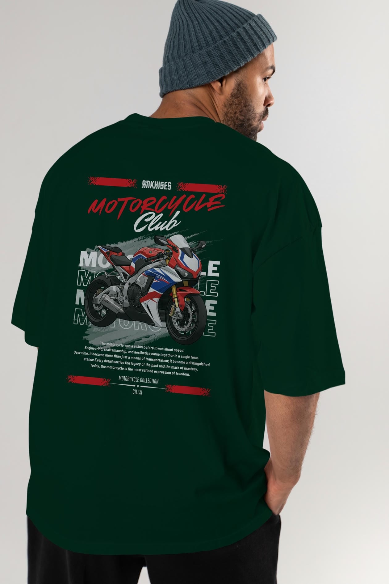Motosiklet Serisi 4 Arka Baskılı Oversize t-shirt Erkek Kadın %100 Pamuk Bisiklet Yaka tişort