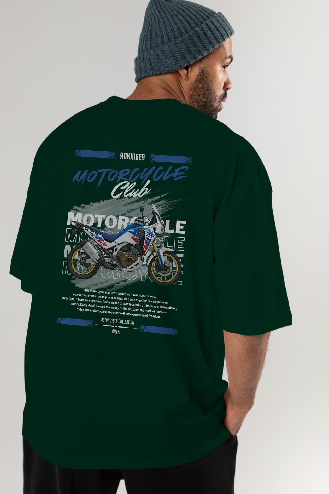 Motosiklet Serisi 23 Arka Baskılı Oversize t-shirt Erkek Kadın %100 Pamuk Bisiklet Yaka tişort