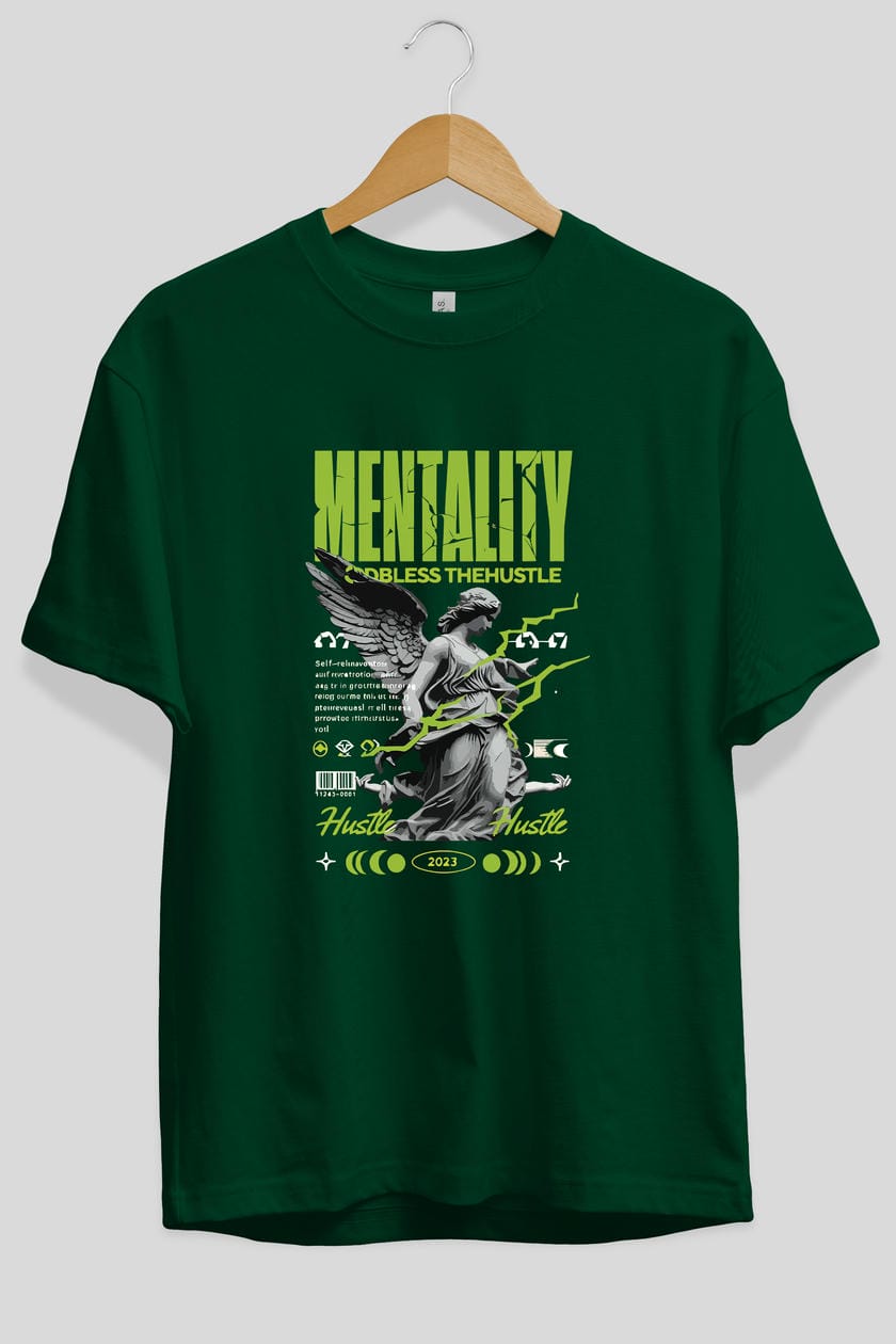 Mentality ön Baskılı Oversize t-shirt Erkek Kadın %100 Pamuk Bisiklet Yaka tişort