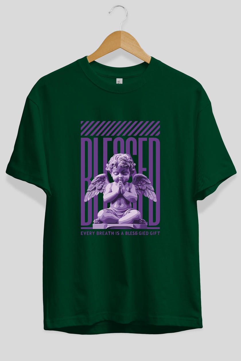 Blessed ön Baskılı Oversize t-shirt Erkek Kadın %100 Pamuk Bisiklet Yaka tişort