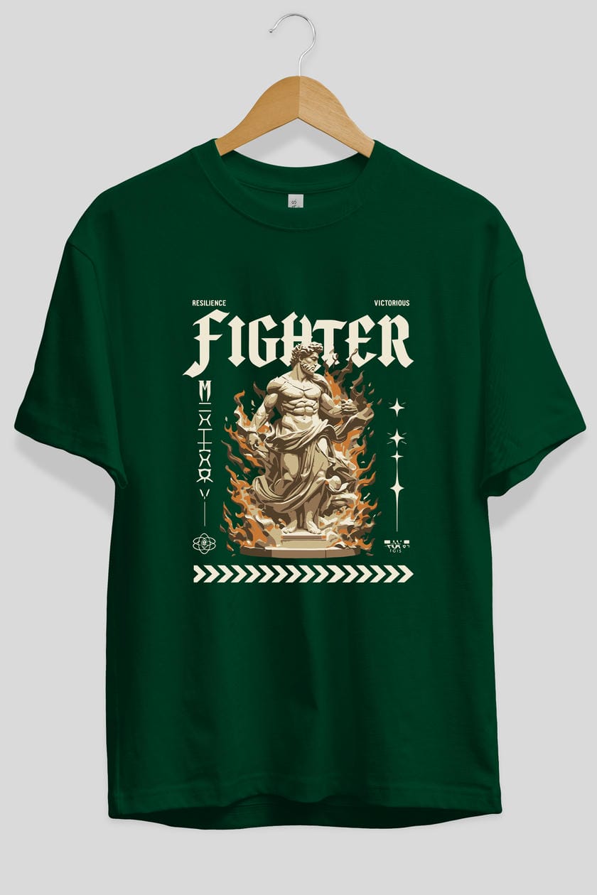 Fighter ön Baskılı Oversize t-shirt Erkek Kadın %100 Pamuk Bisiklet Yaka tişort