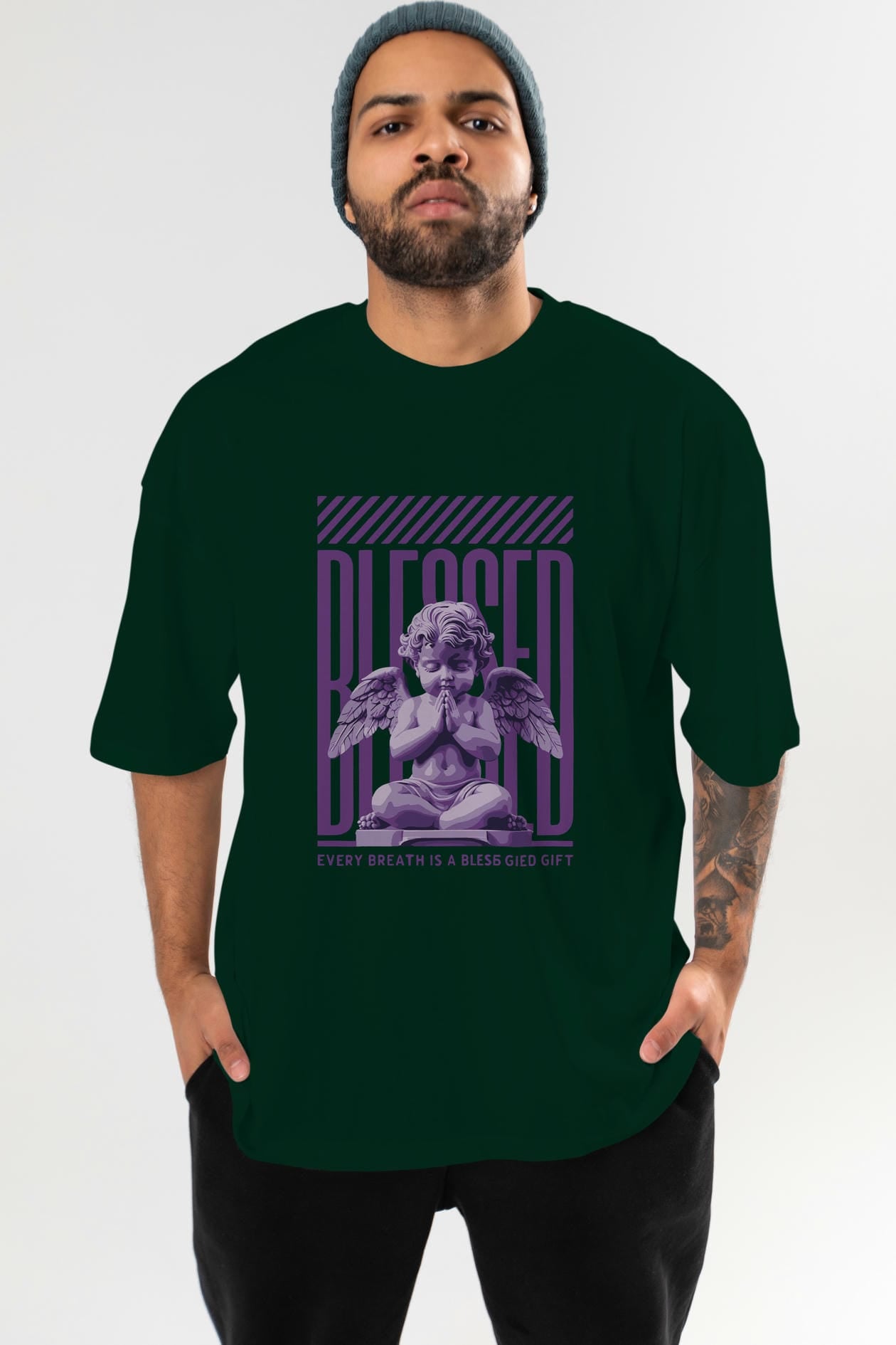Blessed ön Baskılı Oversize t-shirt Erkek Kadın %100 Pamuk Bisiklet Yaka tişort