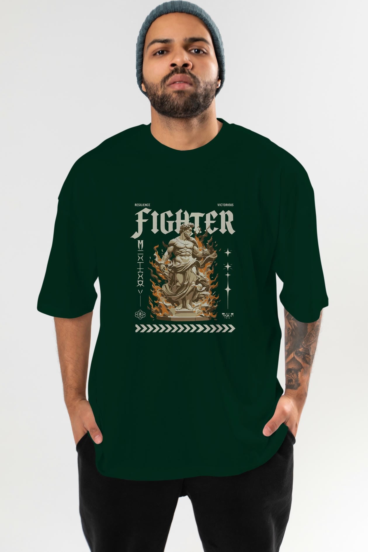 Fighter ön Baskılı Oversize t-shirt Erkek Kadın %100 Pamuk Bisiklet Yaka tişort