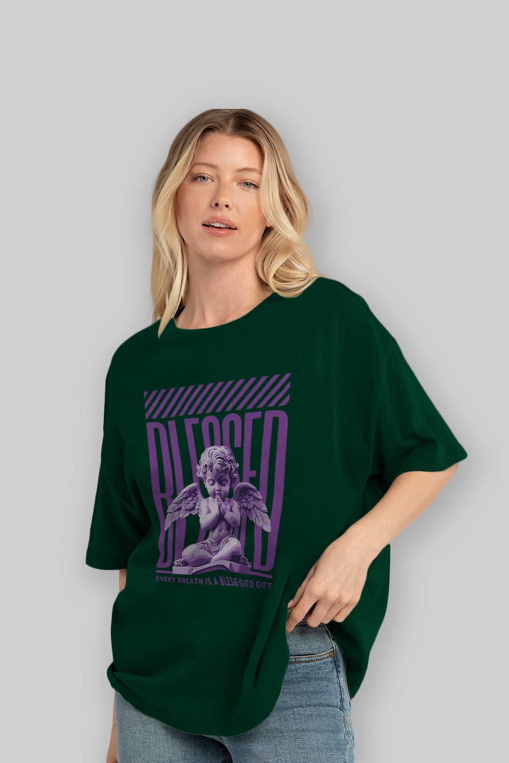 Blessed ön Baskılı Oversize t-shirt Erkek Kadın %100 Pamuk Bisiklet Yaka tişort
