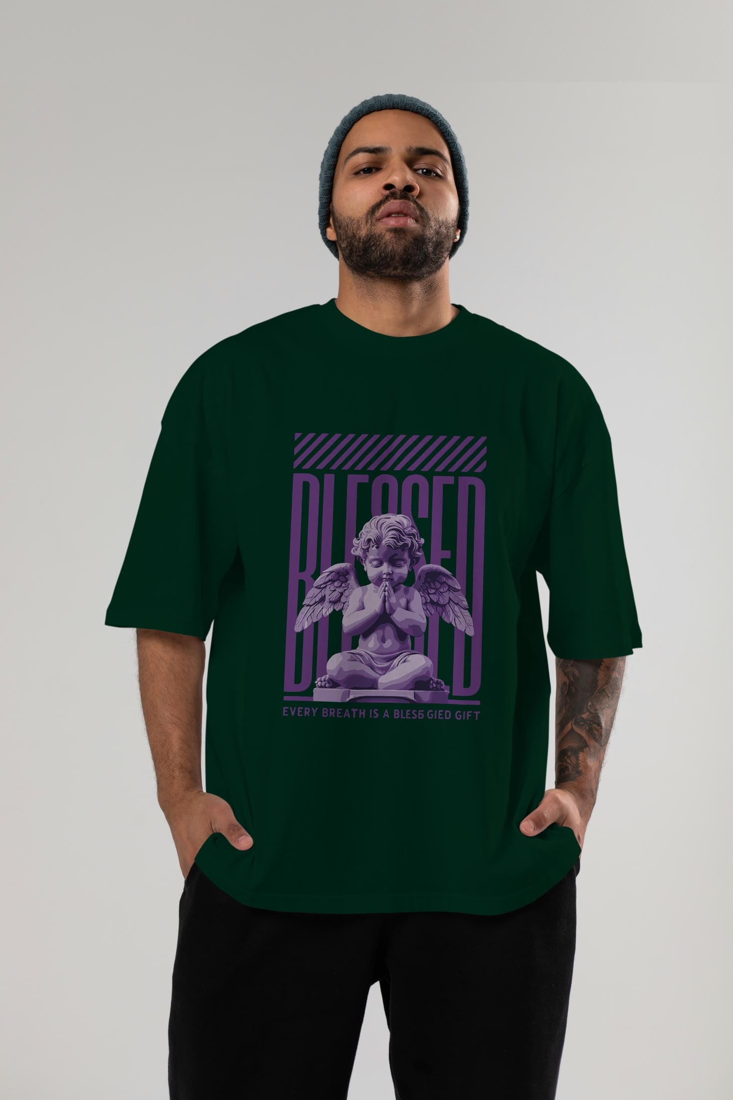 Blessed ön Baskılı Oversize t-shirt Erkek Kadın %100 Pamuk Bisiklet Yaka tişort