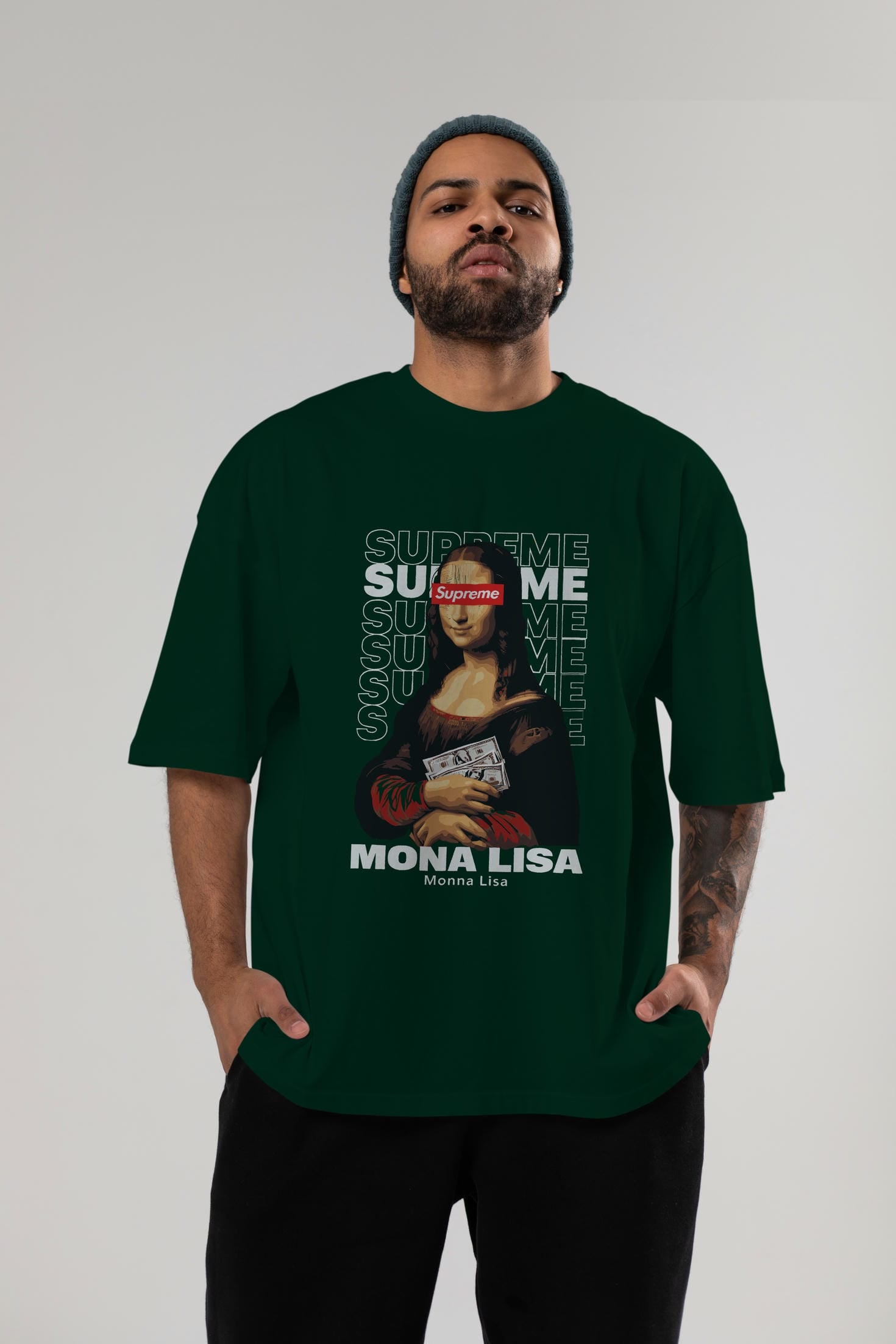 Mona Lisa Supreme ön Baskılı Oversize t-shirt Erkek Kadın %100 Pamuk Bisiklet Yaka tişort