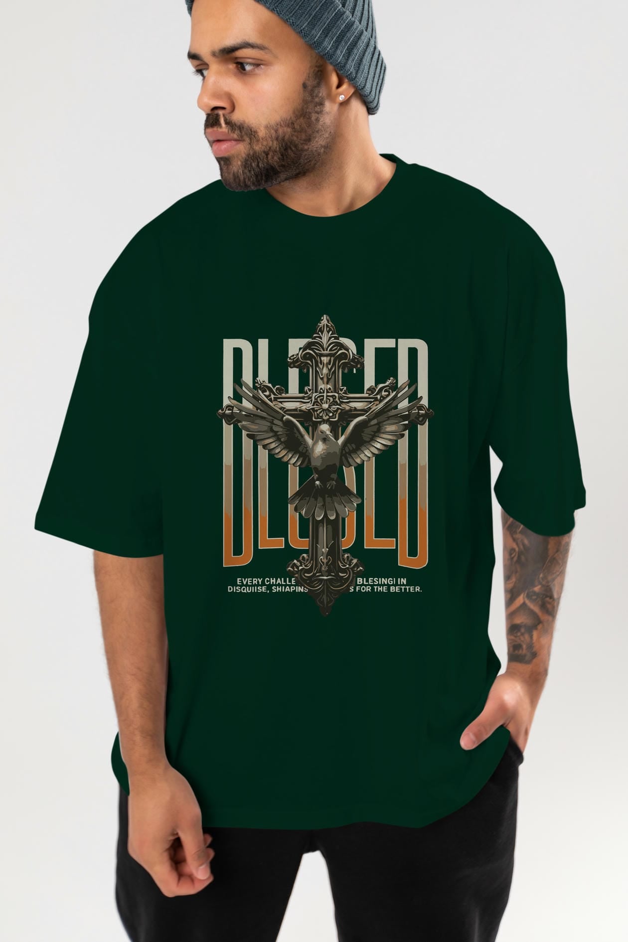 Blesed ön Baskılı Oversize t-shirt Erkek Kadın %100 Pamuk Bisiklet Yaka tişort