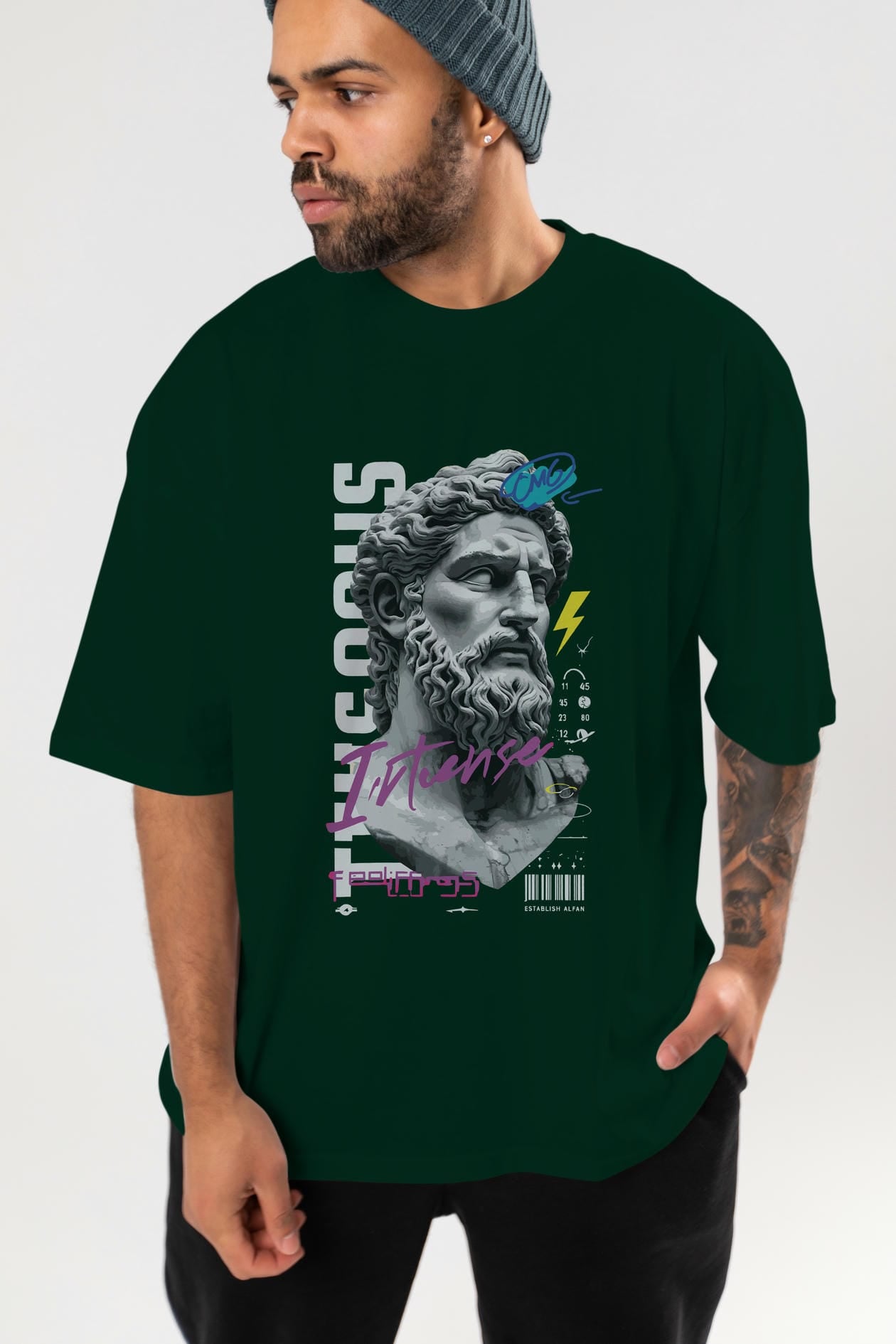 Zeus Intense ön Baskılı Oversize t-shirt Erkek Kadın %100 Pamuk Bisiklet Yaka tişort