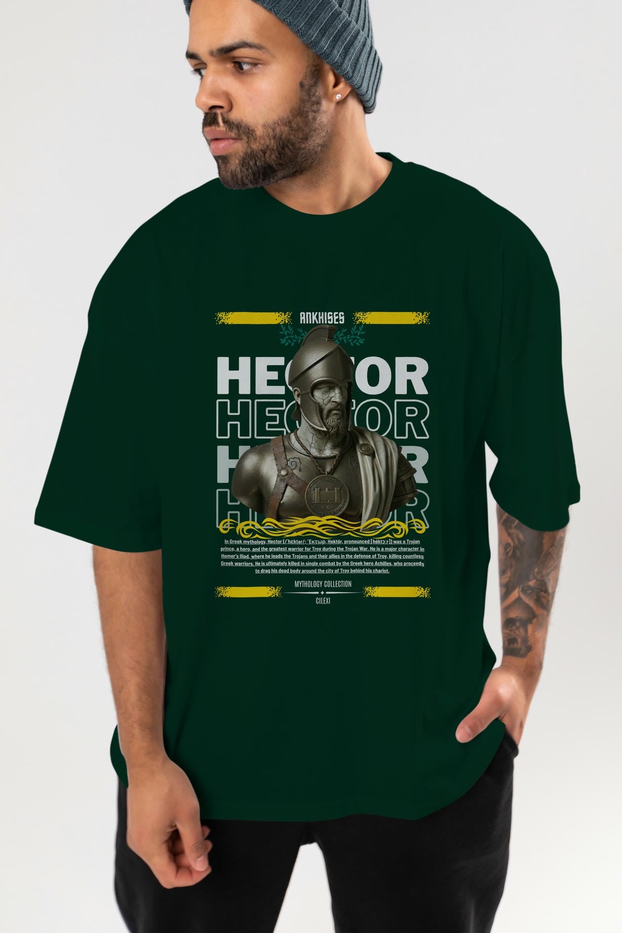 Hector 1 ön Baskılı Oversize t-shirt Erkek Kadın %100 Pamuk Bisiklet Yaka tişort
